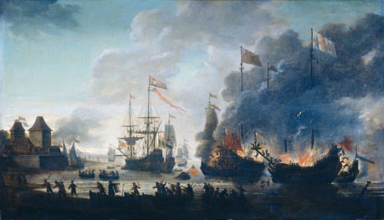 The-Dutch-burn-English-ships-during-the-expedition-to-Chatham-Raid-on-Medway-1667Jan-van-Leyden-1669