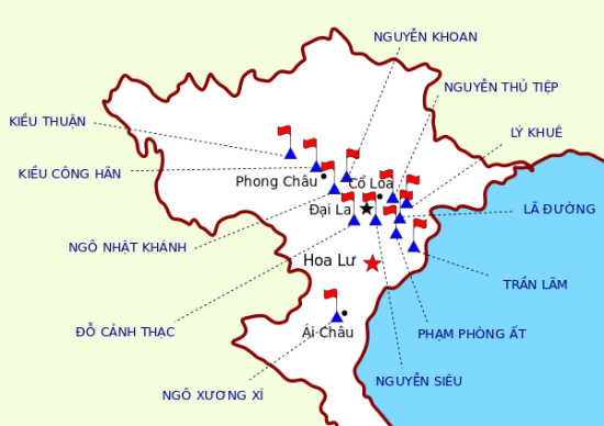 Vị trí chiếm đóng (dọc sông Hồng) của 12 vị bị gọi là "sứ quân"