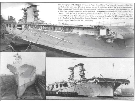 Ảnh trên chụp chiếc Lexington khi đang được nâng cấp tại Puget Sound Navy Yard Hai ảnh dưới: vẫn chiếc Lexington tại ụ tầu số 3 ở Boston Navy Yard ngày 12 tháng 1 năm 1928, sau khi nâng cấp con tầu này có một cái mũi tầu rất lạ mắt