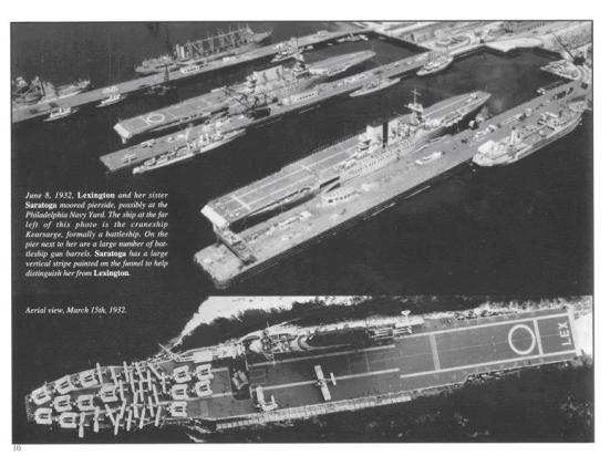 Ảnh chụp ngày 08/06/1932 chiếc USS Lexington và chiếc chị em song sinh của nó USS Saratoga đang cùng thả neo tại Philadelphia Navy Yard, đặc điểm để phân biệt là chiếc Saratoga có một cái sọc xẫm mầu ở ống khói