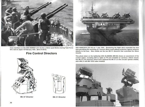 Ảnh trên góc bên trái: các khẩu đội súng phòng không Bofors 40 mm trên chiếc USS Hornet đang nổ súng trong trận đánh của lực lượng đặc nhiệm 58 với quân Nhật ngày 16 tháng 2 năm 1945 Ảnh trên góc bên phải: chụp từ sàn bay phía mũi của chiếc USS Handcock ngày 7/7/1944 cho thấy những khẩu đội súng phòng không 40 mm để bảo vệ mũi của con tầu khỏi những đợt không kích của đối phương. trong ảnh còn thể hiện hai thiết bị Mk51 dùng để điều khiển bắn các khẩu 40 mm Ảnh dưới góc phải: chụp từ chiếc USS Alabama, các thiết bị dẫn bắn bao gồm 01 FH và 02 Mk 557 dùng để thay thế cho Mk 51 Ảnh dưới bên trái: Hình vẽ thiết bị dẫn bắn Mk 37 và Mk 51 của các súng phòng không 40 mm