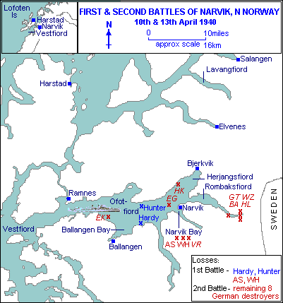 Bản đồ trận hải chiến Narvik lần 1 và lần 2 tại Na Uy từ ngày 10 -13 tháng 4 năm 1940