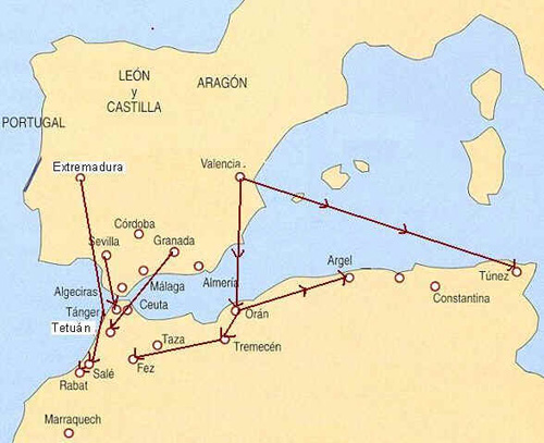 Đường đi của những người Morisco bị đuổi đến Bắc Phi.