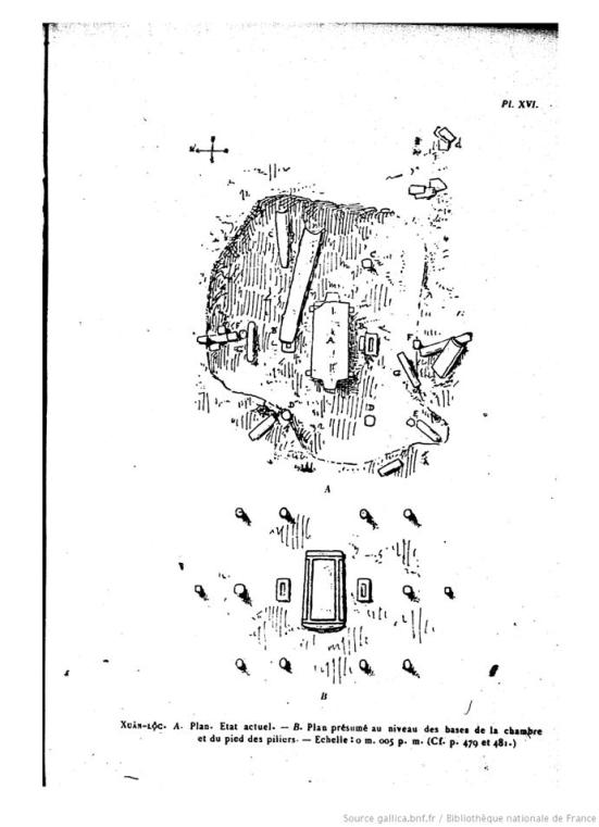 Hình 6 - Di chỉ cự thạch mộ đá lớn Hàng Gòn, Xuân Lộc (H. Parmentier) (5). Hình A, tình trạng thật sự ở di tích, B, vị trí suy diễn qua độ cao của đáy phòng và chân các cột.