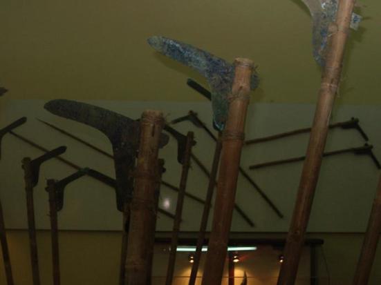 Hình 8 - Qua đồng Long Giao trưng bày ở bảo tàng thành phố Hồ Chí Minh (thân gỗ được ghép vào qua đồng để trưng bày công cụ qua đồng)