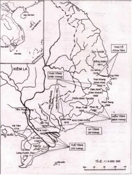 Sơ đồ Nam tiến thời chúa Nguyễn (nguồn: “Nguyễn Phúc Tộc Thế Phả”, Nxb Thuận Hóa, 1995, tr197).