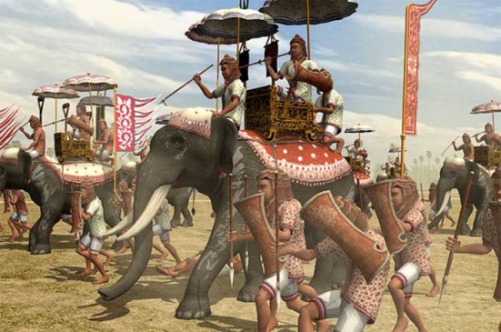 Quân Khmer khi lâm trận với voi và quân lính chạy theo hai bên tựa như ngày nay có thiết giáp và đơn vị bộ binh tùng thiết.