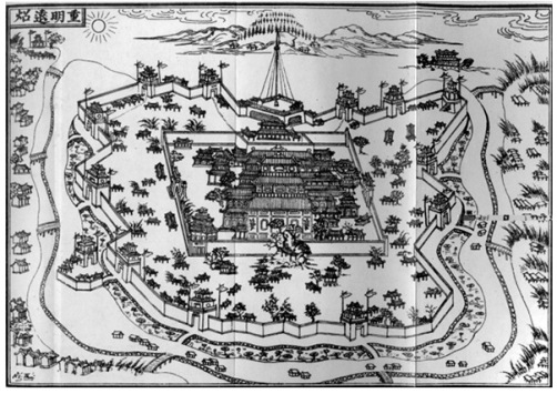 Mộc bản phác họa kinh thành Huế nhìn từ mặt sau. Thành Huế chu vi gần 11 cây số có hào nước bao bọc chung quanh, bảo vệ bên ngoài còn thêm hệ thống sông đào gọi là Hộ Thành Hà. Kỳ đài Phu Văn Lâu ở phía trước, nhìn ra sông Hương và núi Ngự Bình xa hơn bên phía hữu ngạn, đóng vai trò của một bức bình phong, che chắn kinh thành khỏi những ác khí. (Hình: Bulletin des Amis du Vieux Hué, 1933)